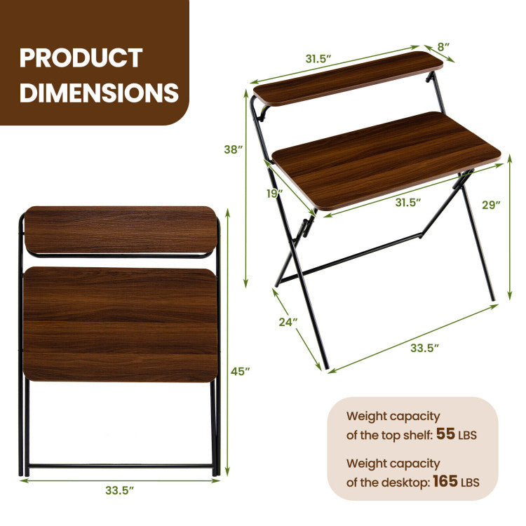 2-Tier Folding Computer Desk Laptop Table No Assembly Required for Home Office