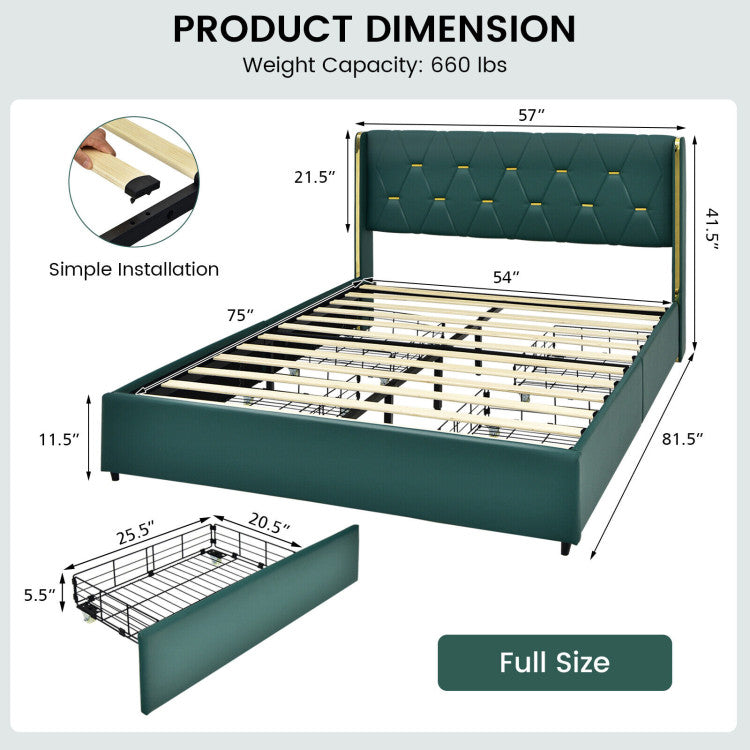 Full/Queen Size PU Leather Upholstered Bed Frame with 4 Drawers