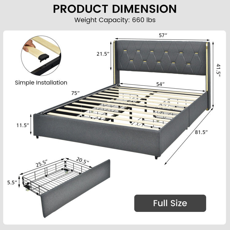 Full/Queen Size Upholstered Bed Frame with 4 Storage Drawers