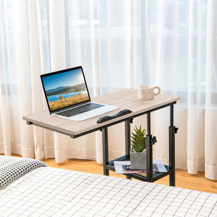 Height Adjustable C-Shaped End Table with Lockable Wheels and Tiltable Table Top