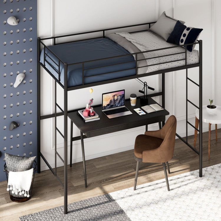 Twin Size Space-Saving Metal Loft Bed with Full-Length Guardrail and 2 Ladders