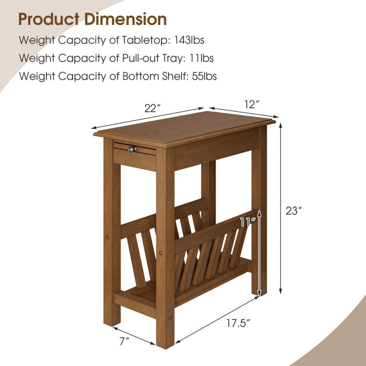 2-Tier Narrow End Table with Pull-Out Tray and Solid Rubber Wood Legs