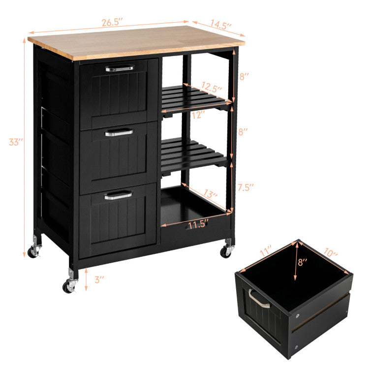 Rolling Kitchen Island Utility Storage Cart with 3 Large Drawers