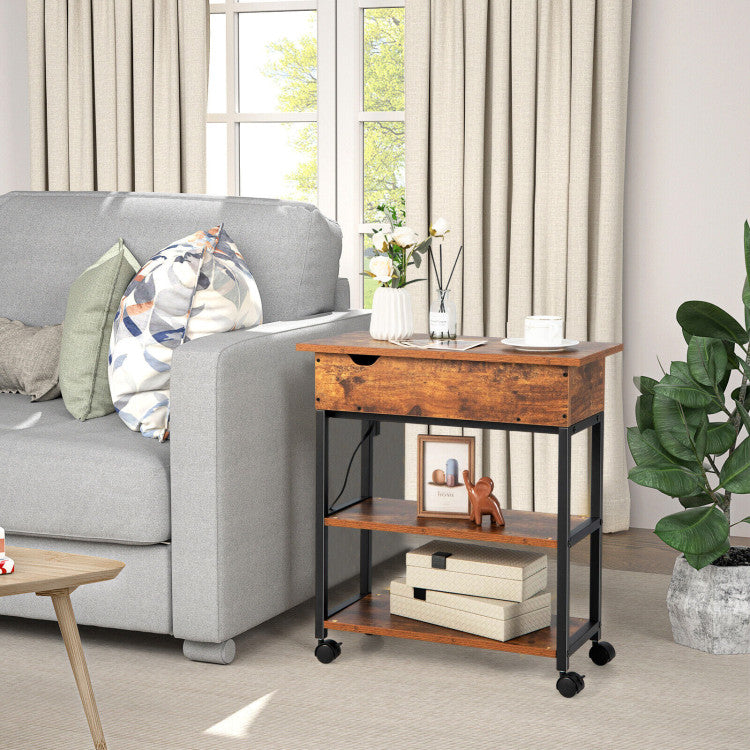 Lift Top End Table with Charging Station and Universal Wheels.