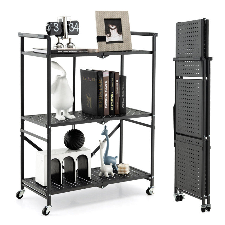 3-Tier Folding Utility Cart with 2 Lockable Casters