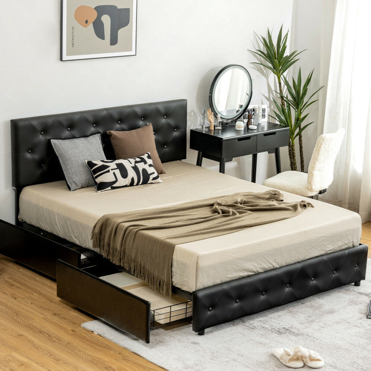 Full/Queen PU Leather Upholstered Platform Bed with 4 Drawers