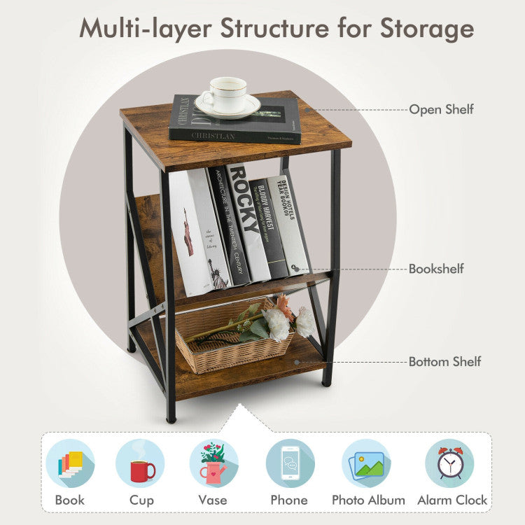 3-Tier Industrial Side Table with V-Shaped Bookshelf for Living Room