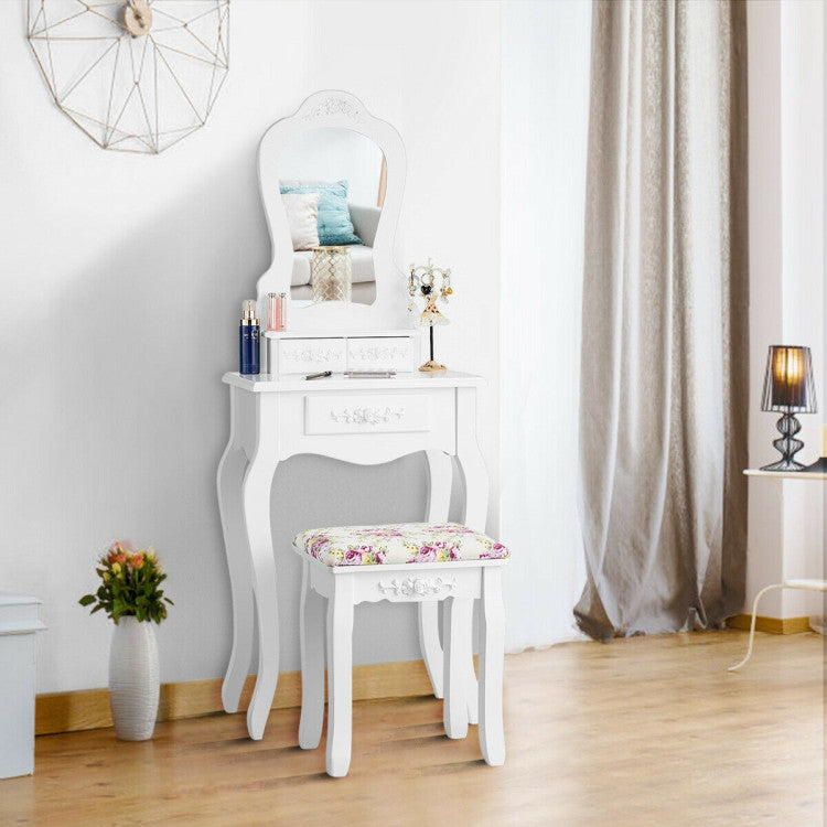 Makeup Dressing Table and Bench 3 Drawers and Cushioned Stool for Girls