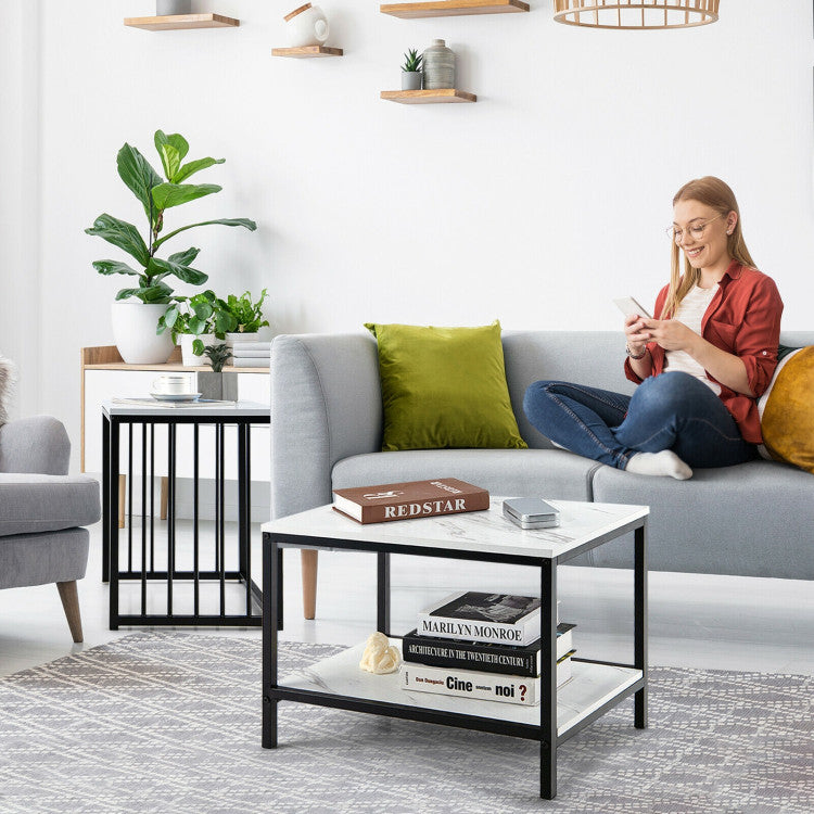 Modern Marble Texture Nesting Table Set of 2 with Storage Shelf