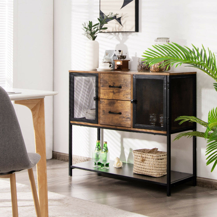 Industrial Buffet Sideboard Kitchen Cupboard with Metal Mesh Doors and 2 Drawers