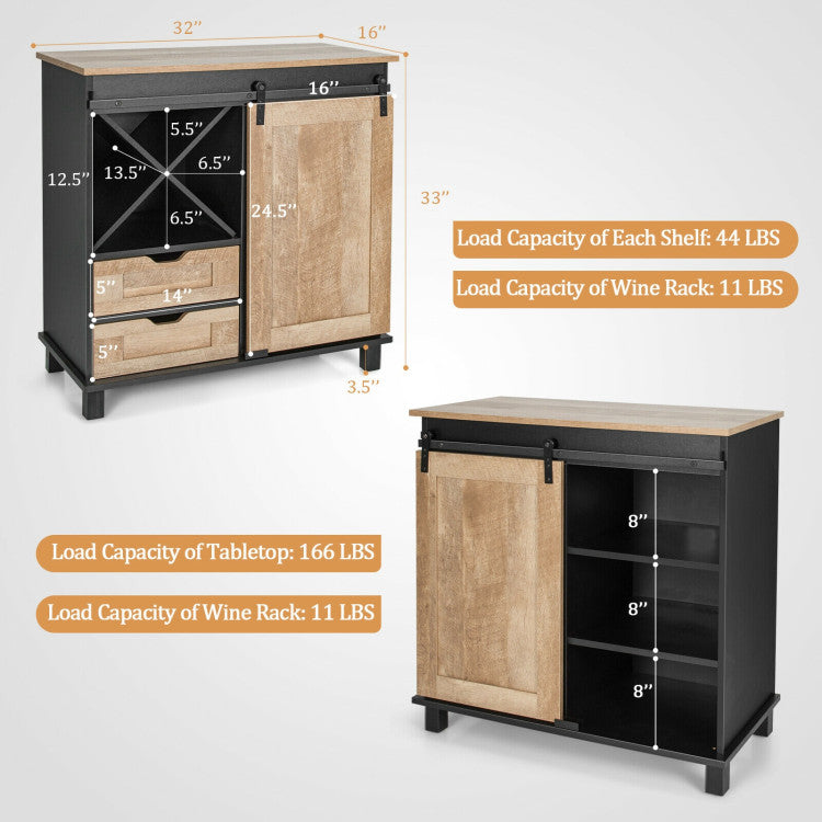 Kitchen Buffet Sideboard with Sliding Barn Door 2 Drawers and Wine Rack