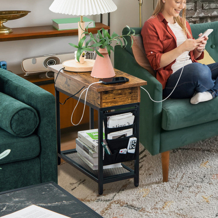 Industrial End Table with Charging Station and Flip Top