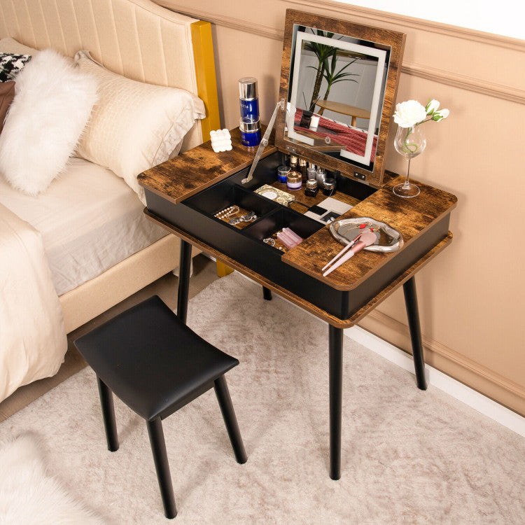 Vanity Table Set with Flip Top Mirror and 6 Storage Compartments