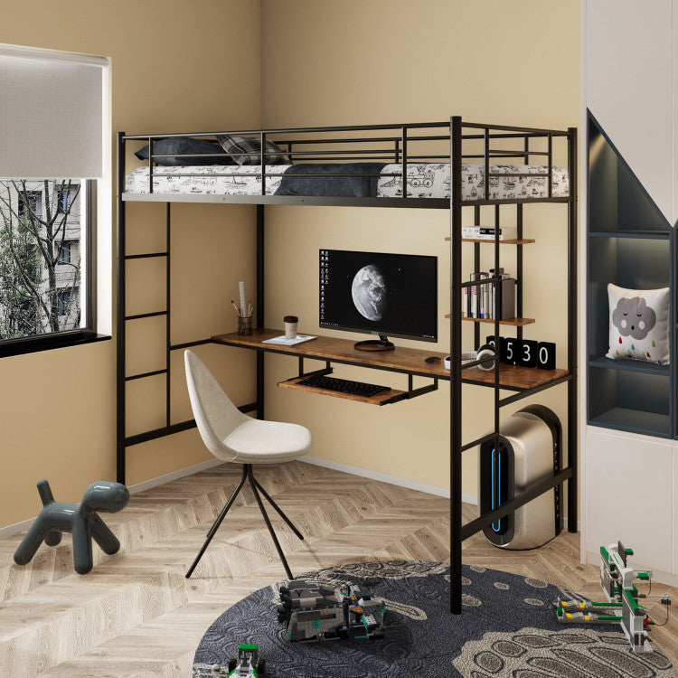 Twin Size Loft Bunk Bed with Desk Storage Shelf and Full-Length Ladders