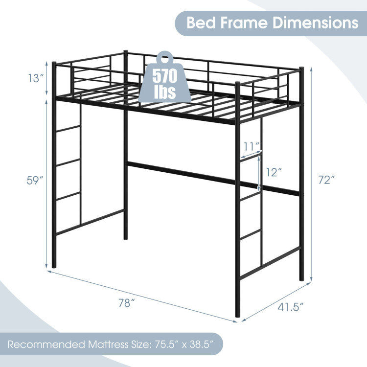 Twin Size Space-Saving Metal Loft Bed with Full-Length Guardrail and 2 Ladders