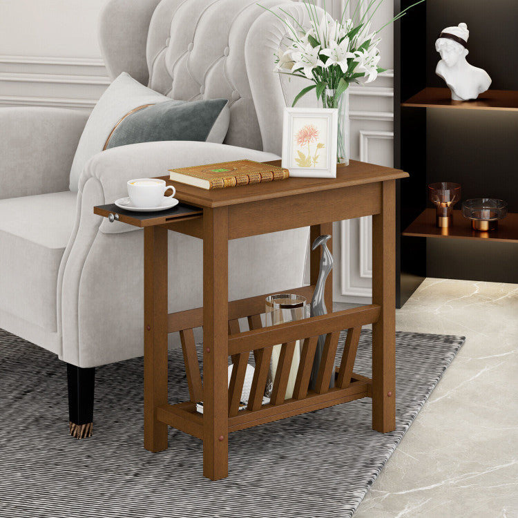 2-Tier Narrow End Table with Pull-Out Tray and Solid Rubber Wood Legs