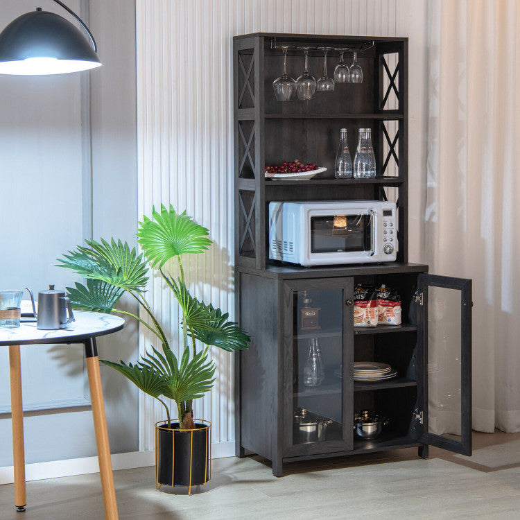 Tall Freestanding Buffet Hutch with Glass Holder and Adjustable Shelves