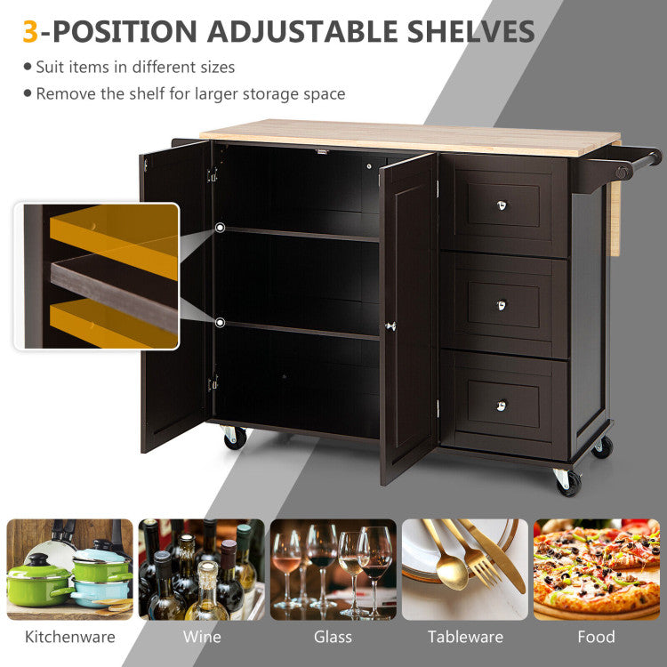 Kitchen Island Trolley Cart Wood with Drop-Leaf Tabletop and Storage Cabinet