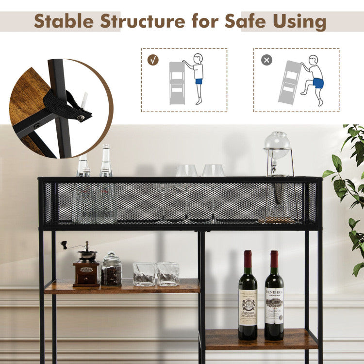 4-Tier Industrial Console Table with Wire Basket and Shelf