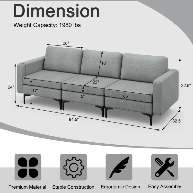 3-Seat Sectional Sofa Couch with Armrest Magazine Pocket and Metal Leg