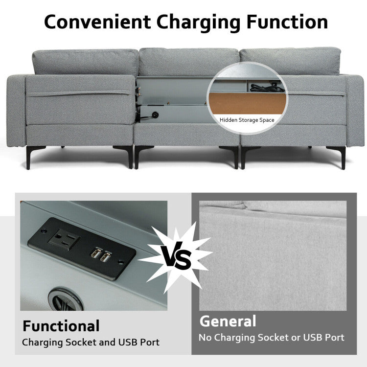 Modular L-Shaped Sectional Sofa with Reversible Chaise and 2 USB Ports