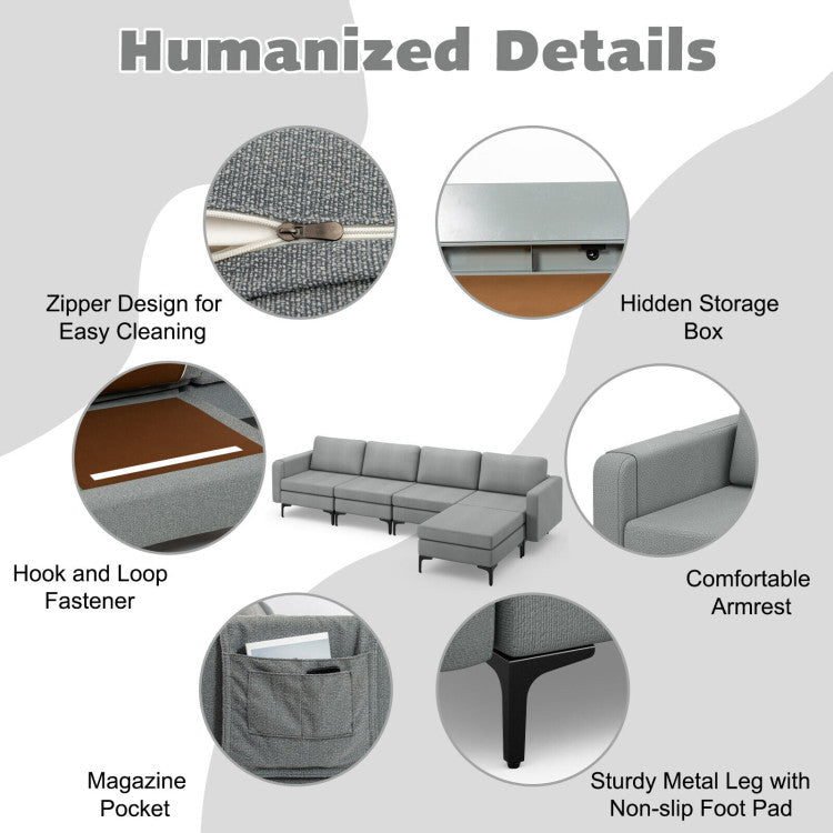 Modular L-Shaped Sectional Sofa with Reversible Ottoman and 2 USB Ports