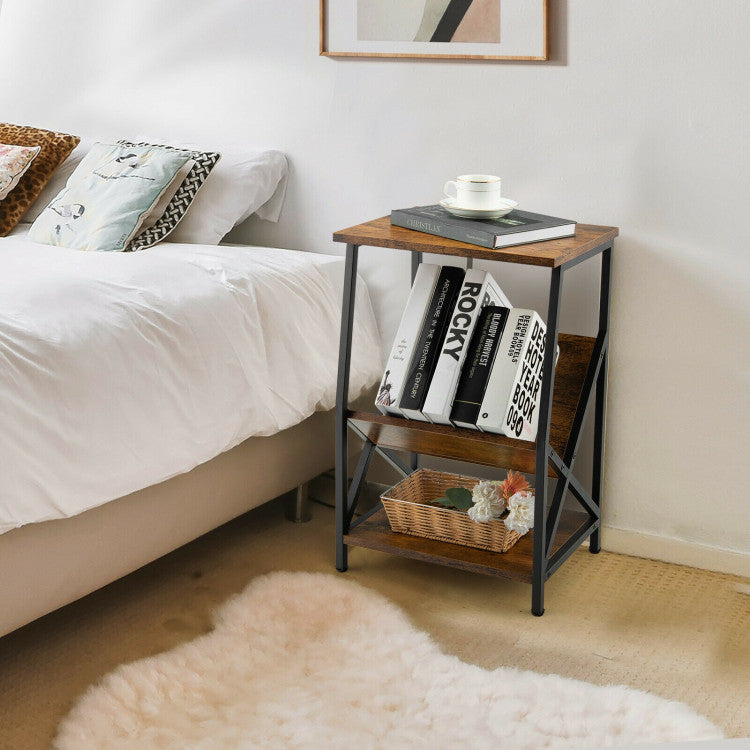 3-Tier Industrial Side Table with V-Shaped Bookshelf for Living Room