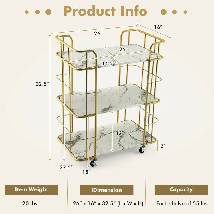 Gold Rolling Bar Cart with Sturdy Steel Frame