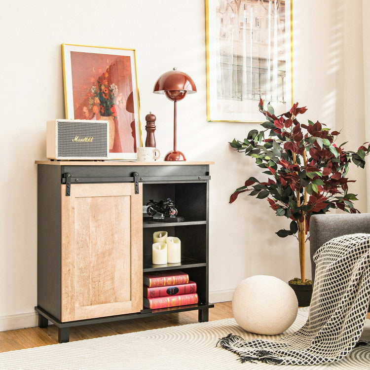 Kitchen Buffet Sideboard with Sliding Barn Door 2 Drawers and Wine Rack