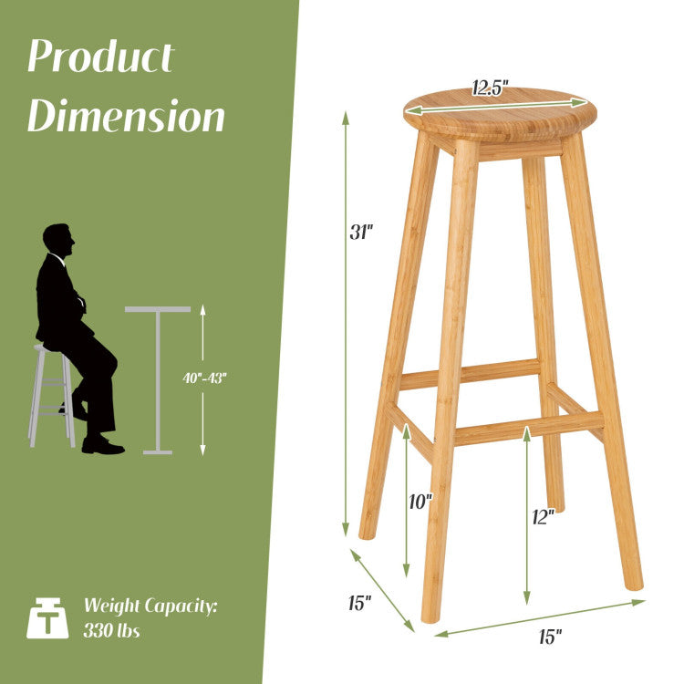 2 Pieces Bamboo Backless Bar Stools with round Seat and Footrest