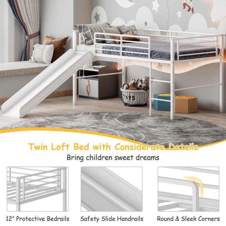 Twin Metal Loft Bed with Slide Safety Guardrails and Built-In Ladder