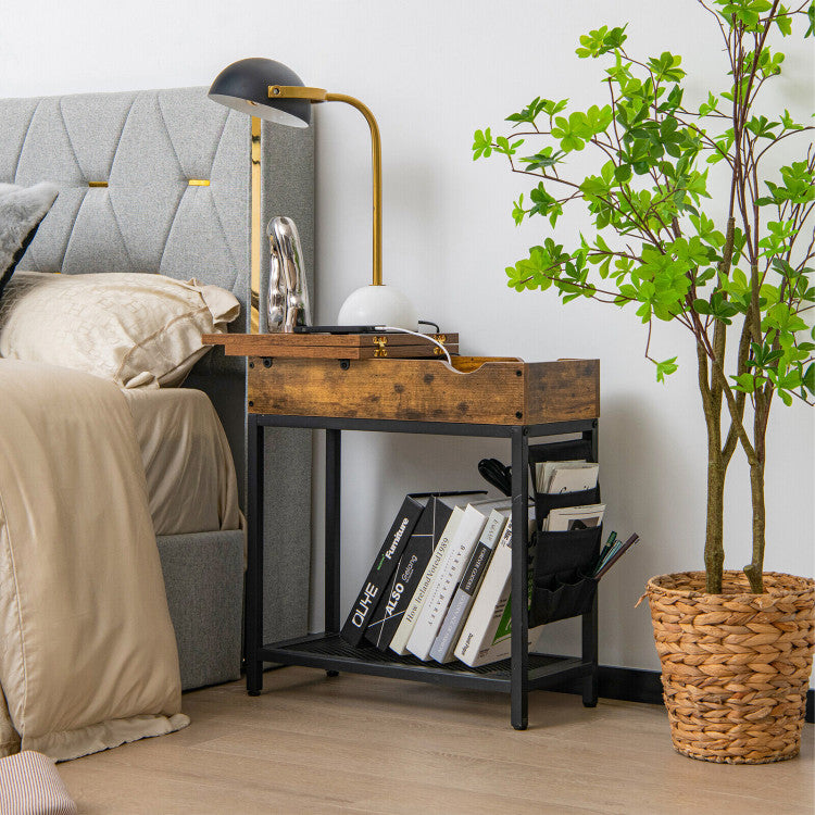 Industrial End Table with Charging Station and Flip Top