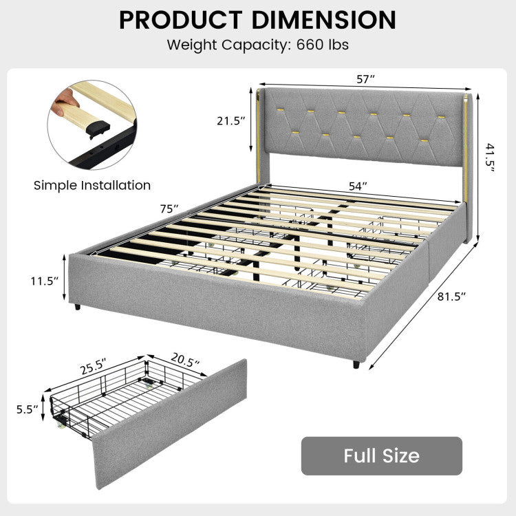 Full/Queen Size Upholstered Bed Frame with High Headboard and 4 Drawers