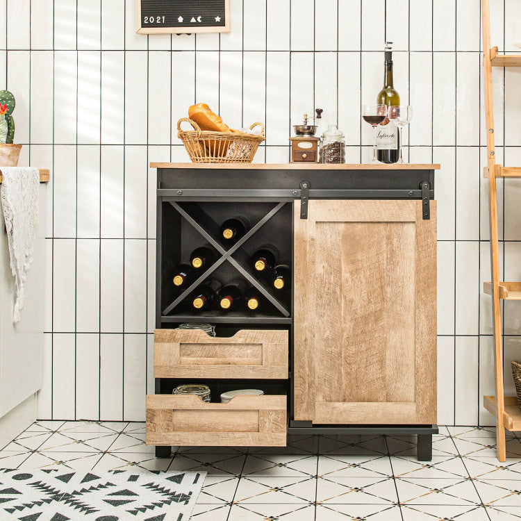 Kitchen Buffet Sideboard with Sliding Barn Door 2 Drawers and Wine Rack