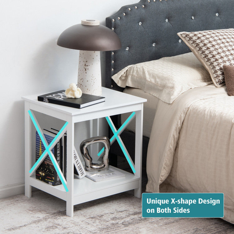 2-Tier Side Table with X-Shape Design and 4 Solid Legs