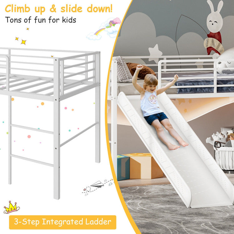 Twin Metal Loft Bed with Slide Safety Guardrails and Built-In Ladder