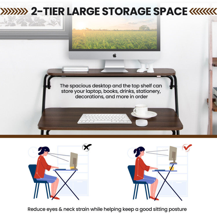 2-Tier Folding Computer Desk Laptop Table No Assembly Required for Home Office