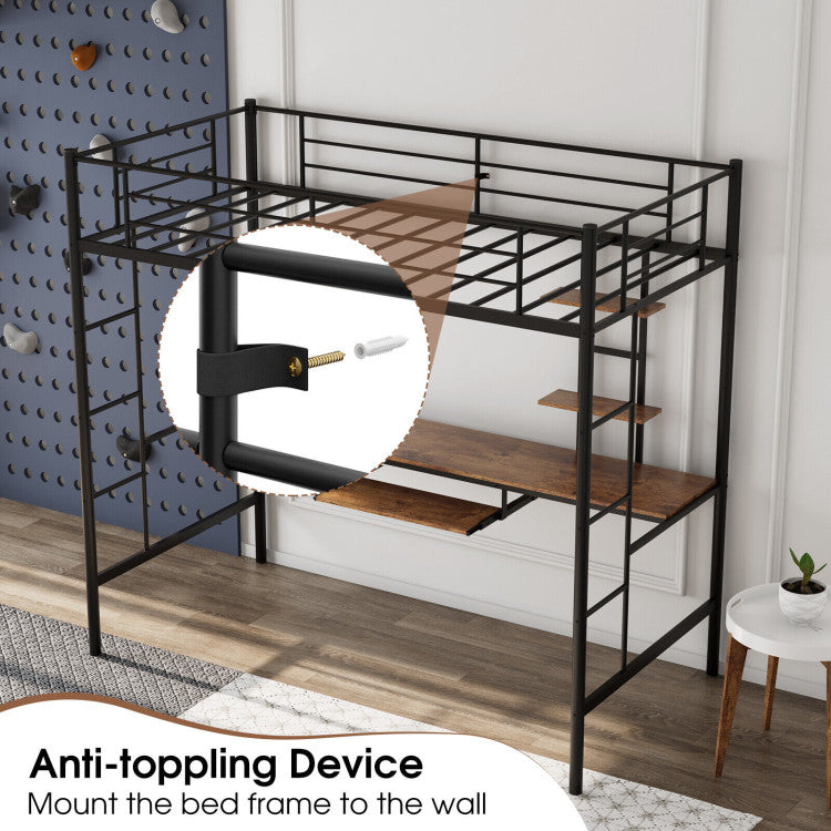 Twin Size Loft Bunk Bed with Desk Storage Shelf and Full-Length Ladders