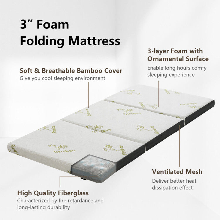 Portable Tri-Fold Memory Foam Floor Mattress Topper with Carrying Bag