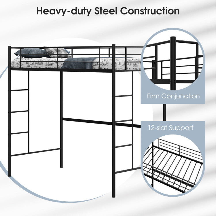 Twin Size Space-Saving Metal Loft Bed with Full-Length Guardrail and 2 Ladders