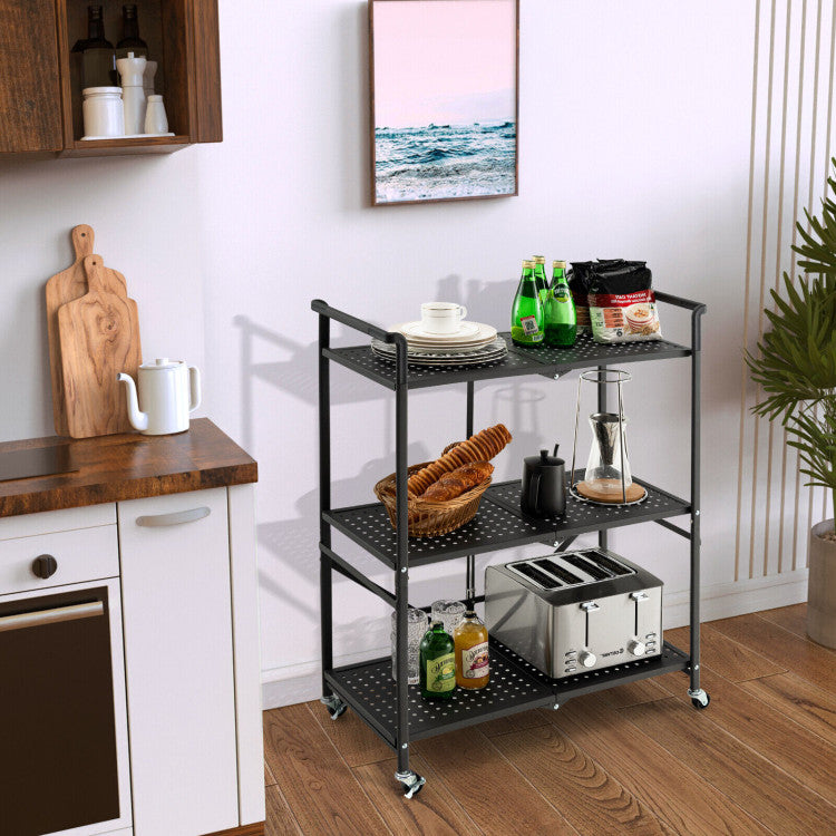 3-Tier Folding Utility Cart with 2 Lockable Casters