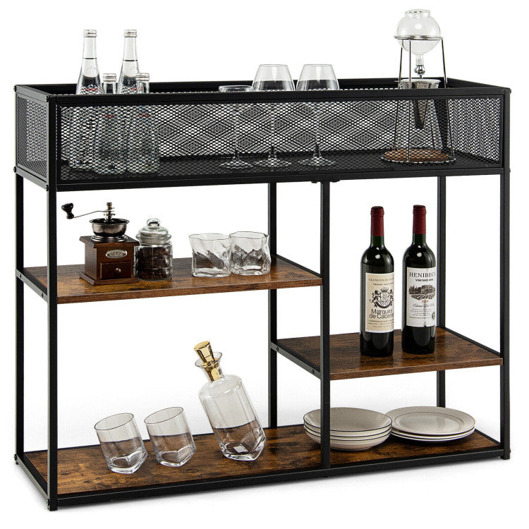 4-Tier Industrial Console Table with Wire Basket and Shelf