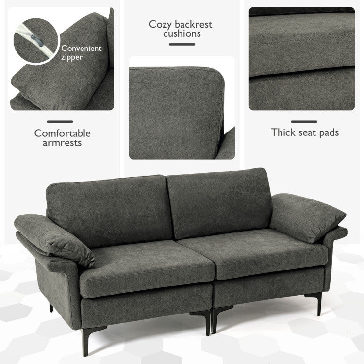 Modern Fabric Loveseat Sofa for with Metal Legs and Armrest Pillows