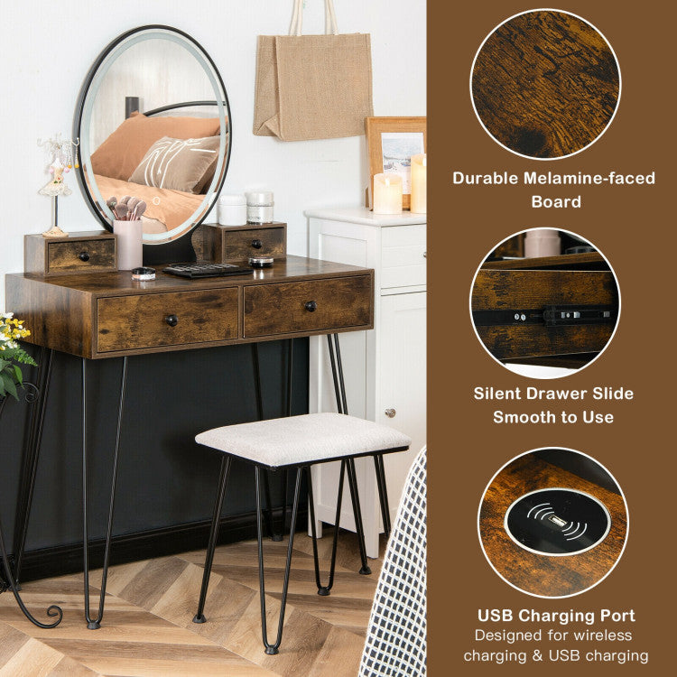 Vanity Table Set with 3-Color Lighted Dimmable Mirror