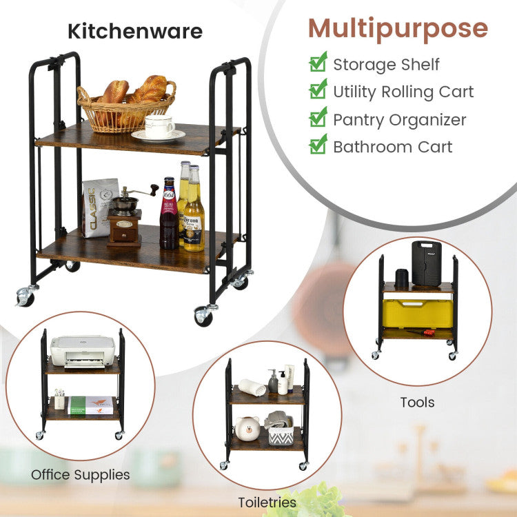 Foldable Rolling Cart with Storage Shelves for Kitchen