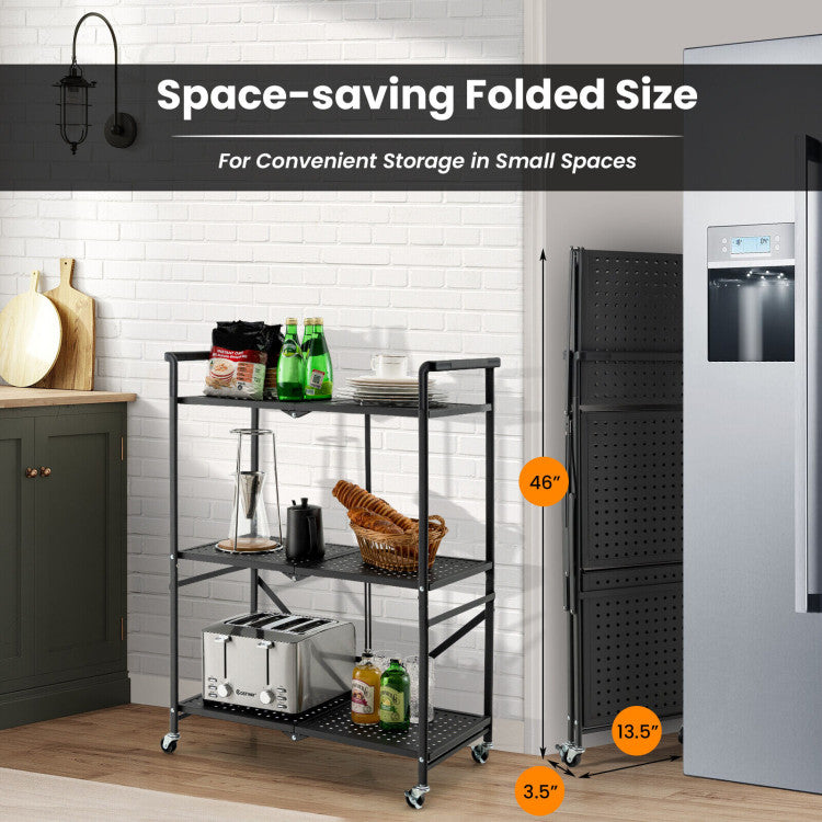 3-Tier Folding Utility Cart with 2 Lockable Casters