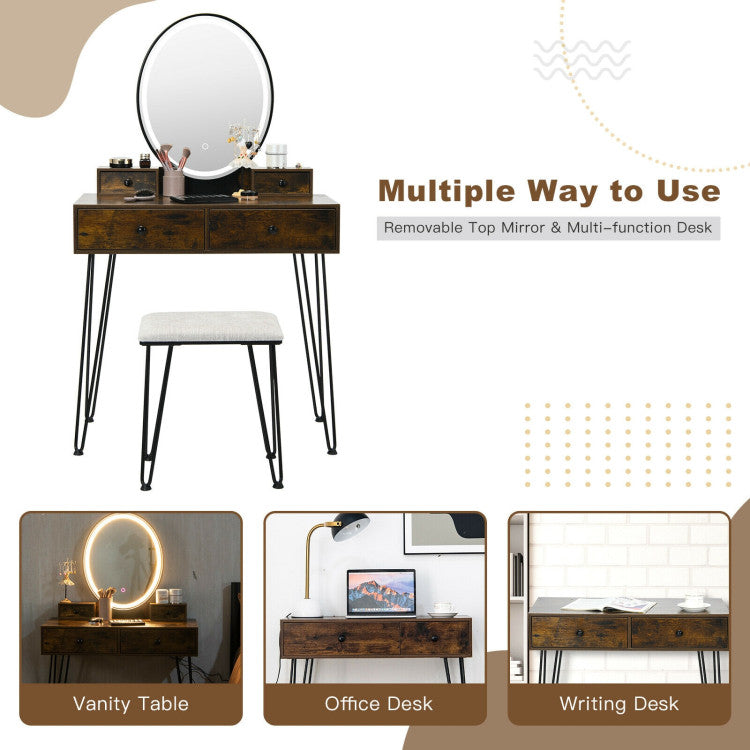 Vanity Table Set with 3-Color Lighted Dimmable Mirror