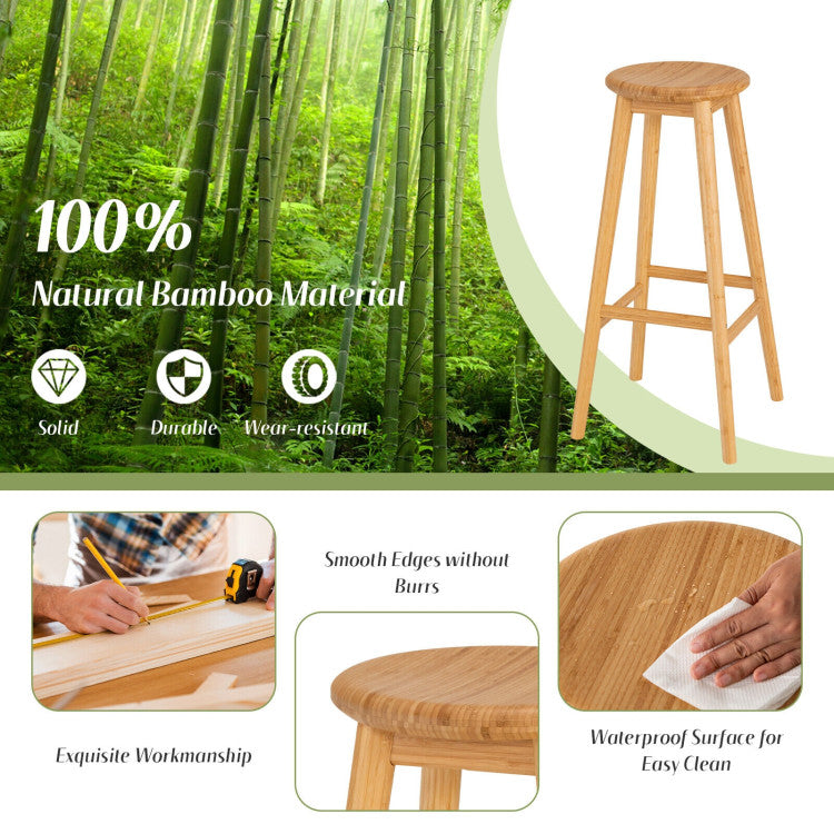 2 Pieces Bamboo Backless Bar Stools with round Seat and Footrest