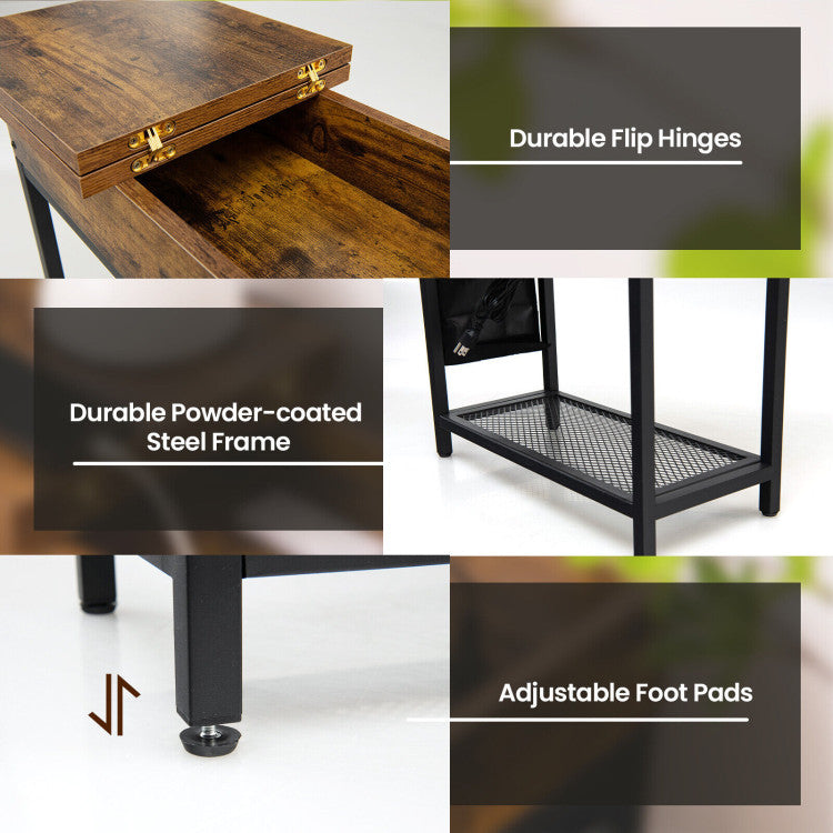 Industrial End Table with Charging Station and Flip Top