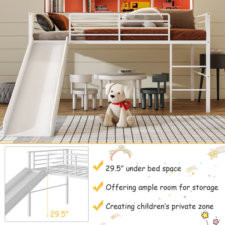 Twin Metal Loft Bed with Slide Safety Guardrails and Built-In Ladder